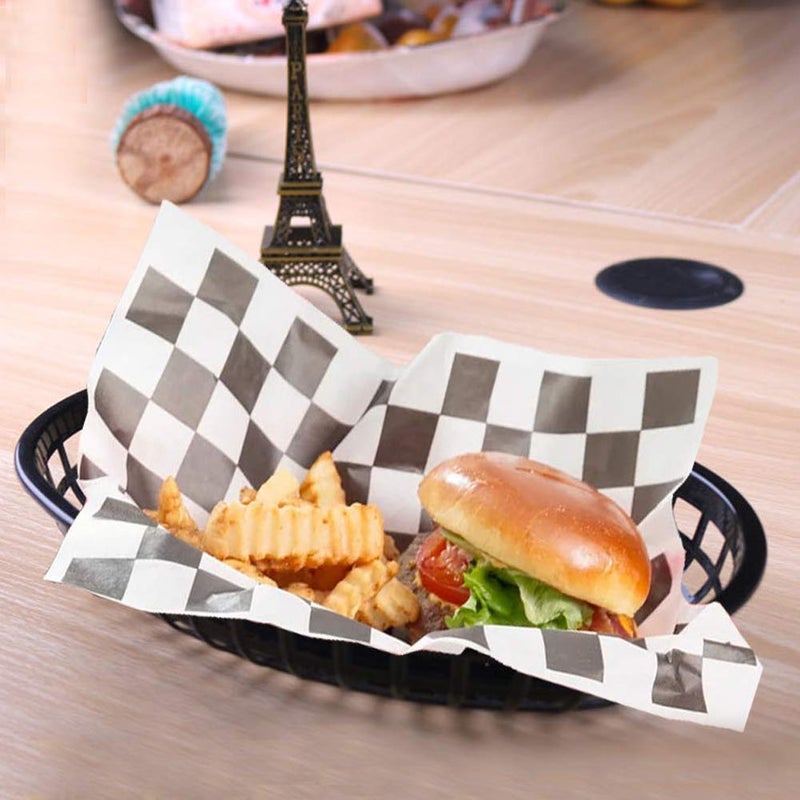 FEOOWV Retro Style Fast Food Basket (12Pk) and Checkered Deli Liner (100 Pk) Combo. Fast Food Basket Are Dishwasher Safe. Disposable Deli Paper Squares for Easy Cleanup (Black) - Image 4